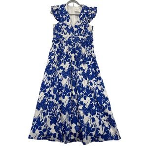 Hyacinth House Blue Floral‎ Print Maxi Dress Ruffle Sleeves V Neck Womens S